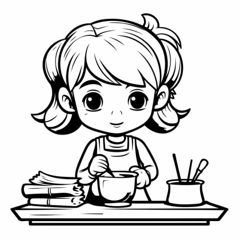 Cute little girl cooking - black and white vector illustration f