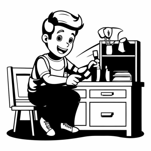 Boy cleaning furniture at home. Black and white vector illustrat