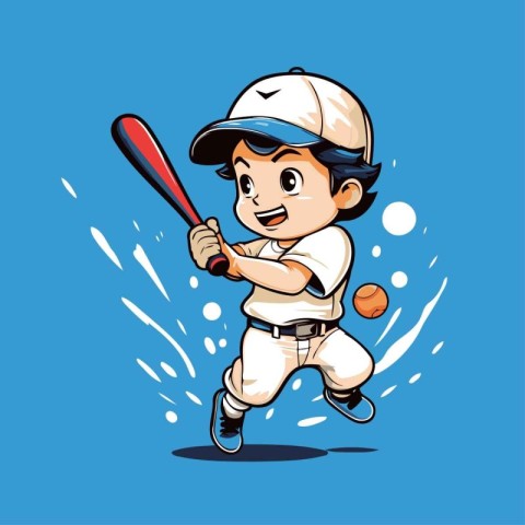 Illustration of a Little Boy Baseball Player in Action with a Ba