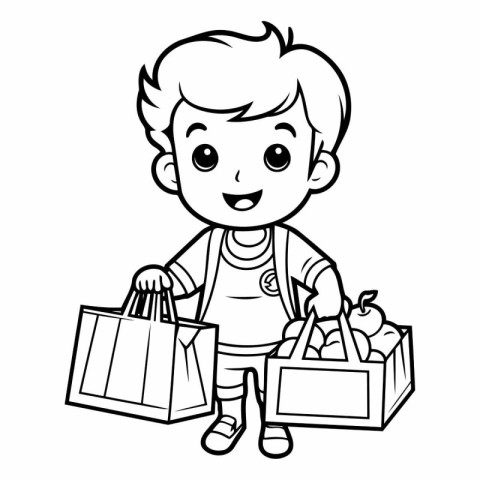 Coloring book for children: Boy with shopping bags. Vector illus