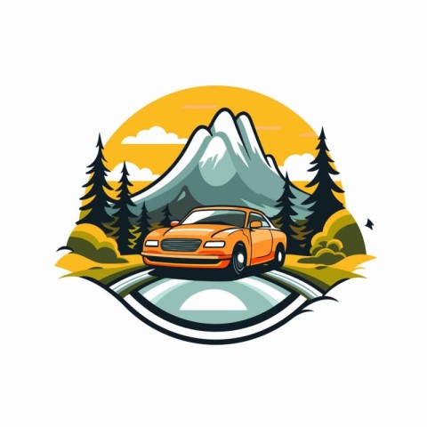 Retro car with mountains in the background. Vector illustration