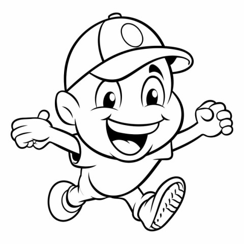 Black and White Cartoon Illustration of a Kid Boy Running or Run