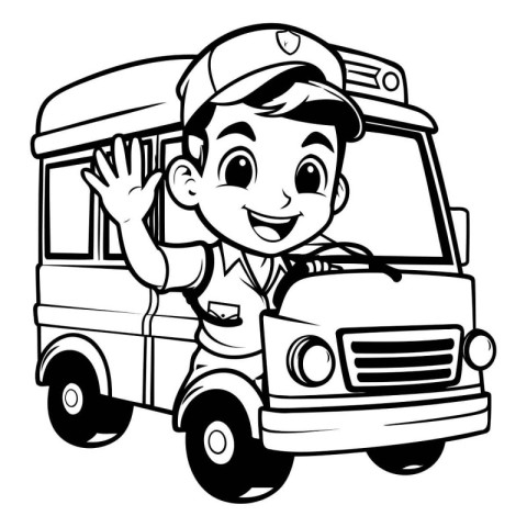 Schoolboy with a bus - Black and White Cartoon Illustration. Vec