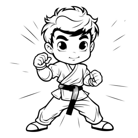 Black and White Cartoon Illustration of Karate Kid Boy Character