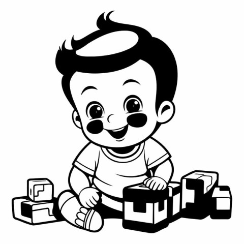 Cute Baby Boy Playing with Toy Blocks - Black and White Cartoon