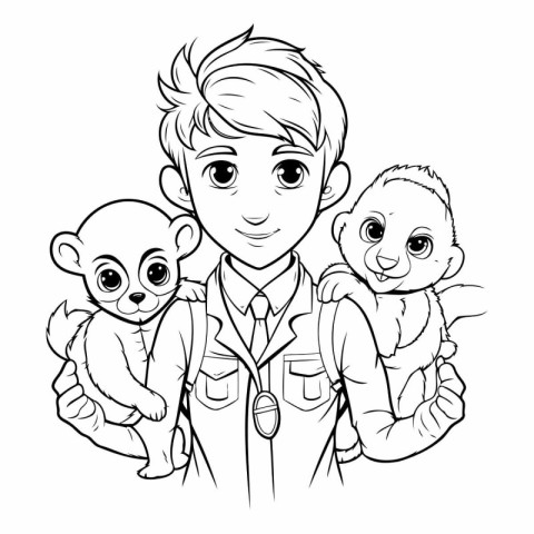 Vector illustration of a doctor holding a group of little monkey