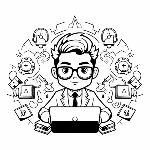 Businessman with laptop and icons around him. Black and white ve