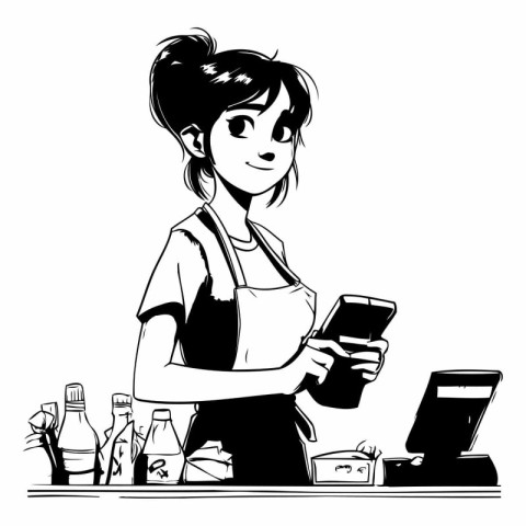 Vector illustration of a young woman in apron using mobile phone