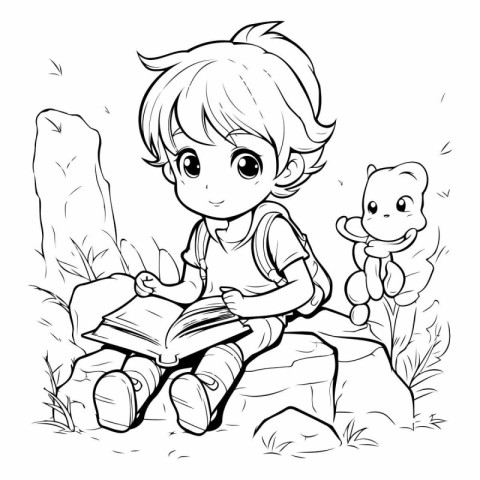 Little boy reading a book on a rock. Black and white vector illu