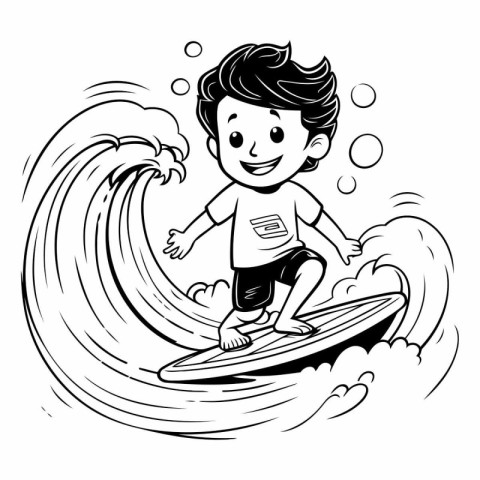 Boy surfing on a wave. Black and white vector illustration for c