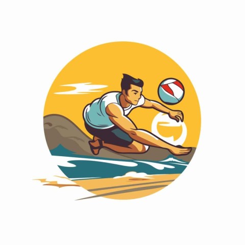 Rugby player with ball on the beach. Vector illustration.