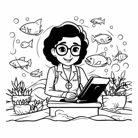 Black and White Cartoon Illustration of a Girl Studying Underwat