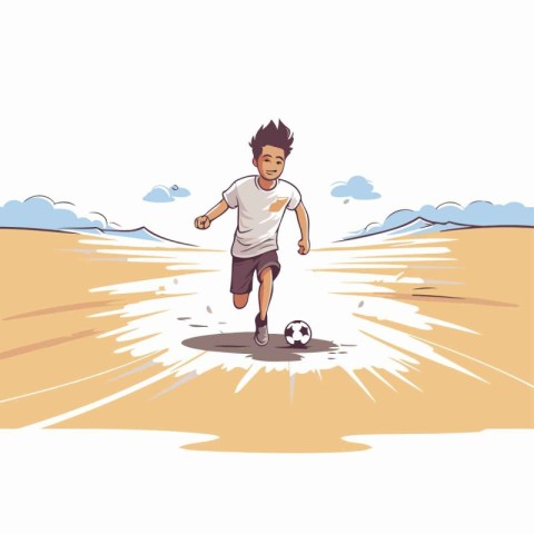 Soccer player running with ball on the beach. Vector illustratio