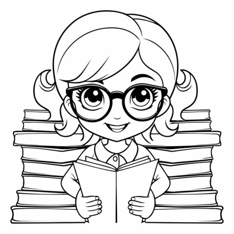 Girl with glasses reading a book. Black and white vector illustr