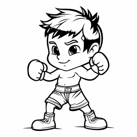 Boy Boxing - Black and White Cartoon Illustration of Kid Boxing