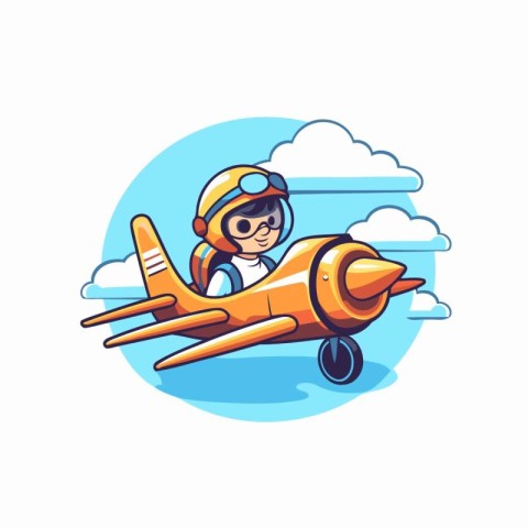 Aviator boy flying in retro airplane. Vector illustration in car