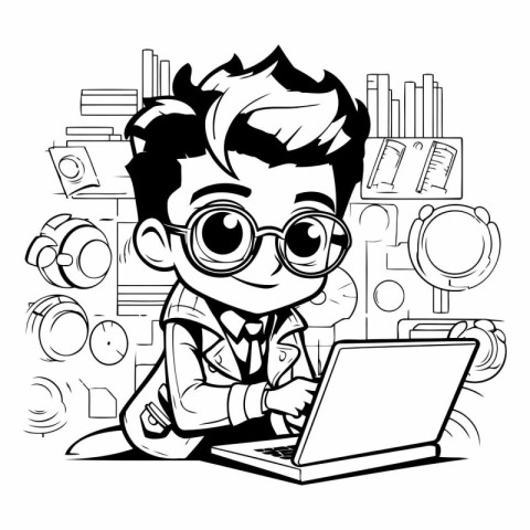 Black and White Cartoon Illustration of Boy Student with Laptop