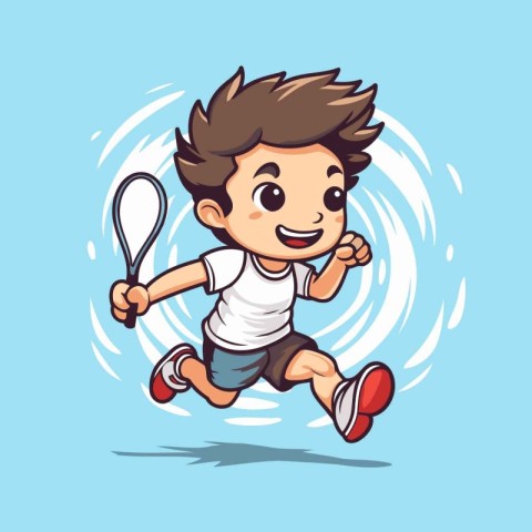 Boy playing badminton cartoon character. Vector illustration of