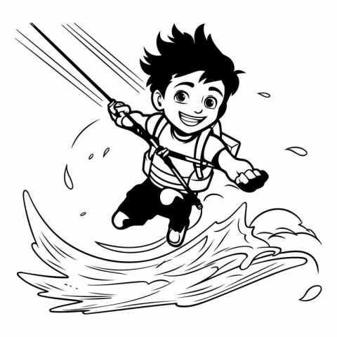 Kiteboarding - black and white vector illustration of a boy jump