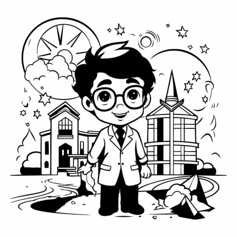 Black and White Cartoon Illustration of Little Boy Student or El