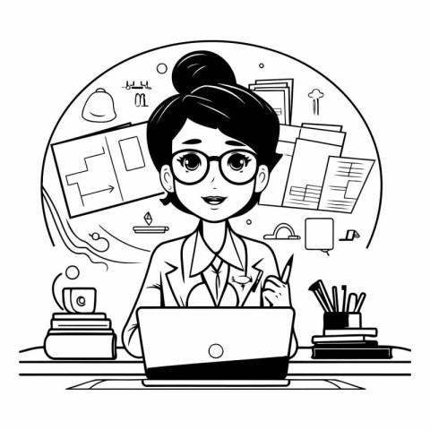 Businesswoman working on laptop in office. Black and white vecto