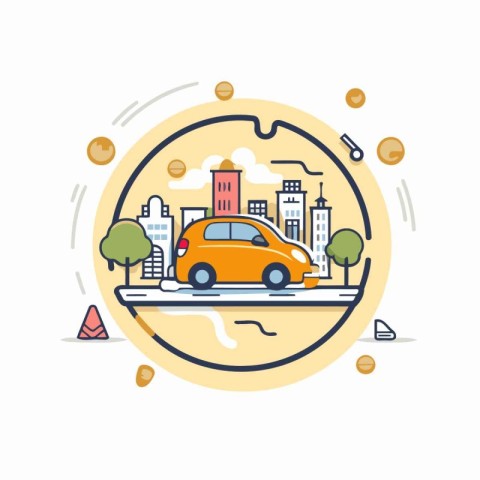 Vector illustration in flat linear style. Car on the road in the