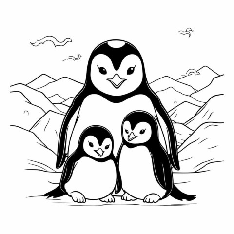 Penguin family in the mountains. Black and white vector illustra