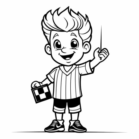 Soccer Boy - Black and White Cartoon Illustration. Vector Charac