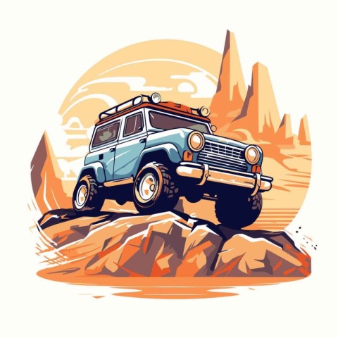 Off-road vehicle in the mountains. Vector illustration in retro