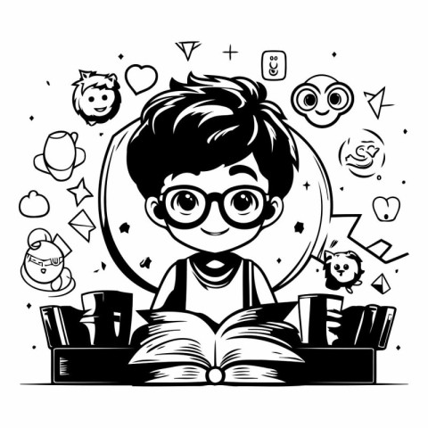 Boy reading a book. Back to school. Black and white vector illus