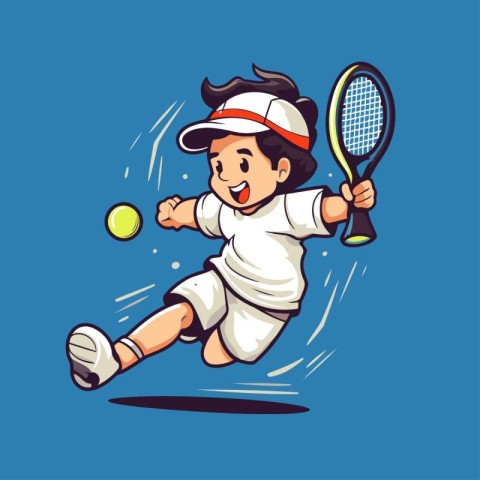 Cartoon boy playing tennis. Vector illustration of a boy playing