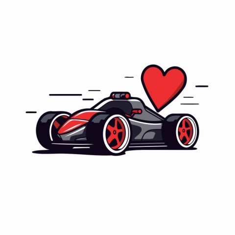Sport racing car with heart. Vector illustration in flat cartoon