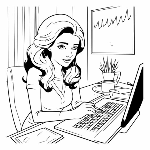 Beautiful woman working on computer at home. Black and white vec