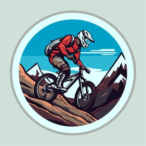 Mountain biker on the mountain road. Vector illustration in retr