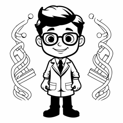 cute boy in science lab coat and eyeglasses vector illustration