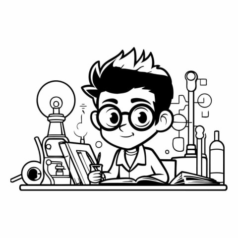 Schoolboy in glasses doing homework. Black and white vector illu