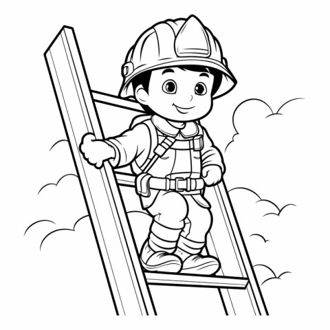 Black and White Cartoon Illustration of Little Fireman or Firema