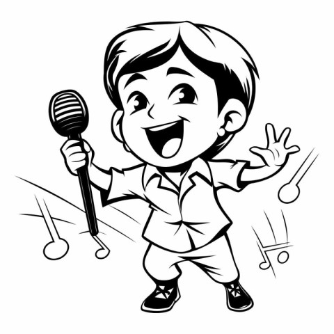 Boy singing with microphone - Black and White Cartoon Illustrati