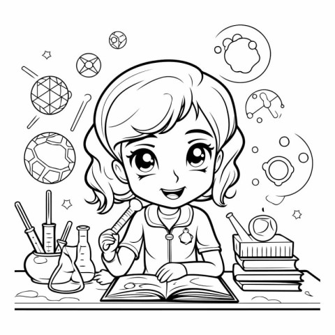 Black and White Cartoon Illustration of Little Schoolgirl Readin