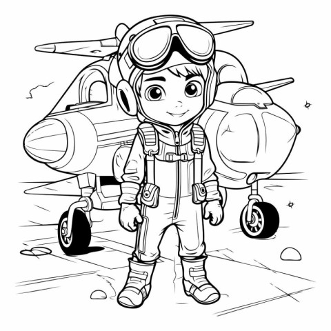 Black and White Cartoon Illustration of Cute Kid Boy Pilot Chara