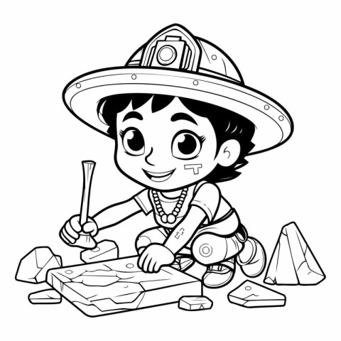 Black and White Cartoon Illustration of Kid Boy Miner or Miner C