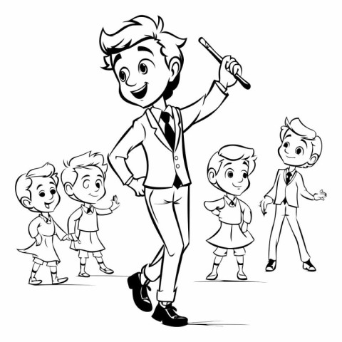 Cartoon illustration of a teacher with his students on white bac