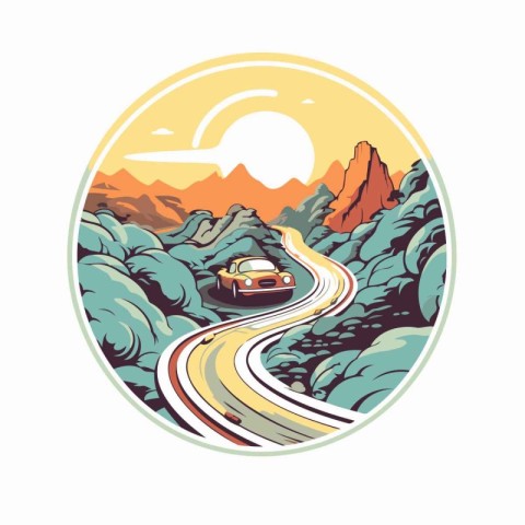 Retro style illustration of a mountain road with a car viewed fr