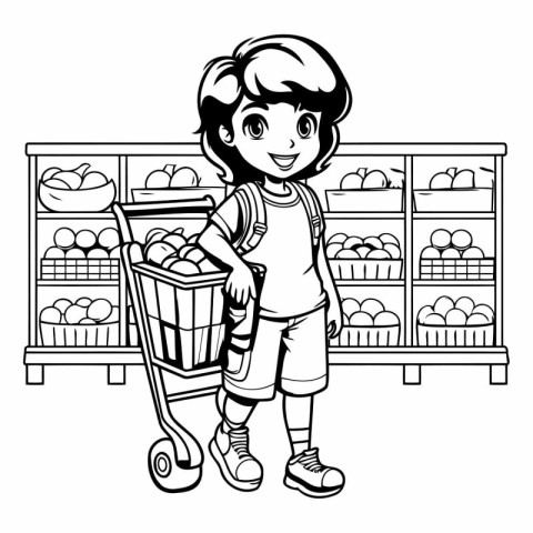 Girl with shopping cart and food in supermarket cartoon vector i