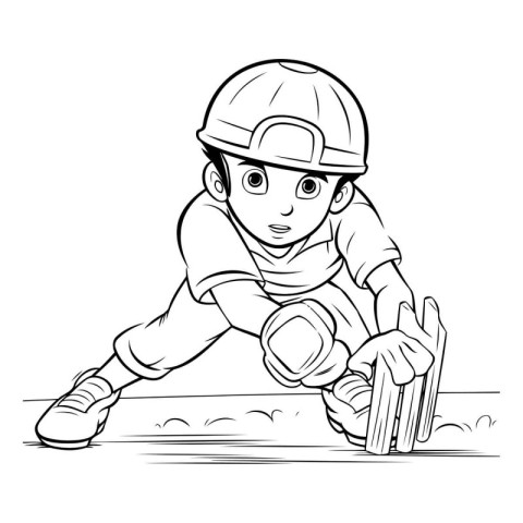 Cricket Player - Black and White Cartoon Illustration. Vector