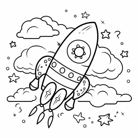 Coloring book for children: rocket in the sky. Vector illustrati