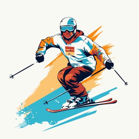 Vector illustration of skier in sportswear and helmet skiing dow