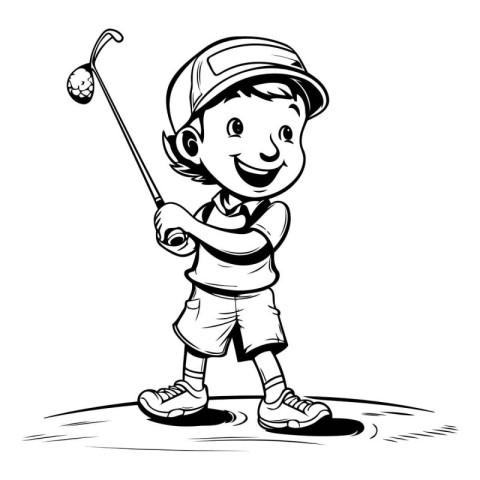 Illustration of a little boy playing golf on a golf course.