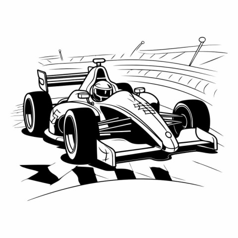 illustration of a racing car in black and white colors on a whit