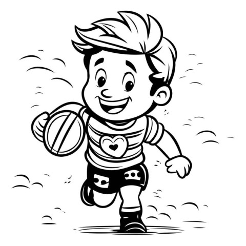 Black and White Cartoon Illustration of a Kid Boy Playing Rugby